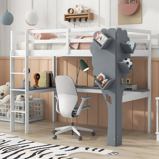 Twin Size Loft Bed with L - shaped Desk,Tree Shape Bookcase and Charging Station - Gear Elevation