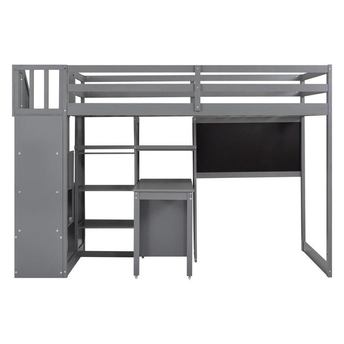 Twin Size Loft Bed with Pullable Desk and Storage Shelves Staircase and Blackboard - Gear Elevation