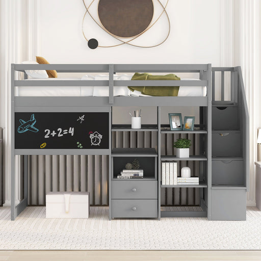 Twin Size Loft Bed with Pullable Desk and Storage Shelves Staircase and Blackboard - Gear Elevation