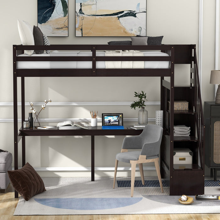 Twin Size Loft Bed with Storage Staircase and Built - in Desk - Gear Elevation