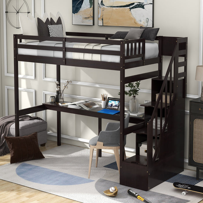 Twin Size Loft Bed with Storage Staircase and Built - in Desk - Gear Elevation