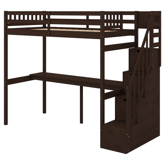 Twin Size Loft Bed with Storage Staircase and Built - in Desk - Gear Elevation