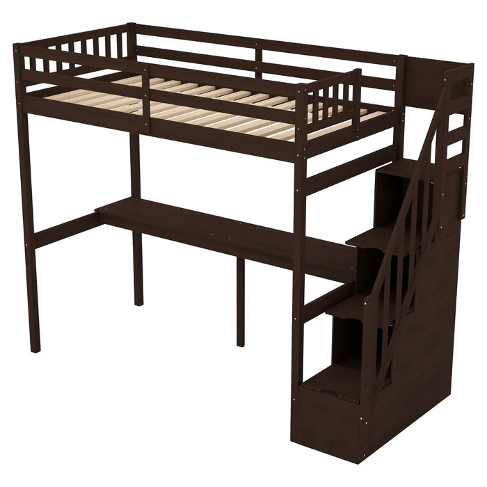 Twin Size Loft Bed with Storage Staircase and Built - in Desk - Gear Elevation