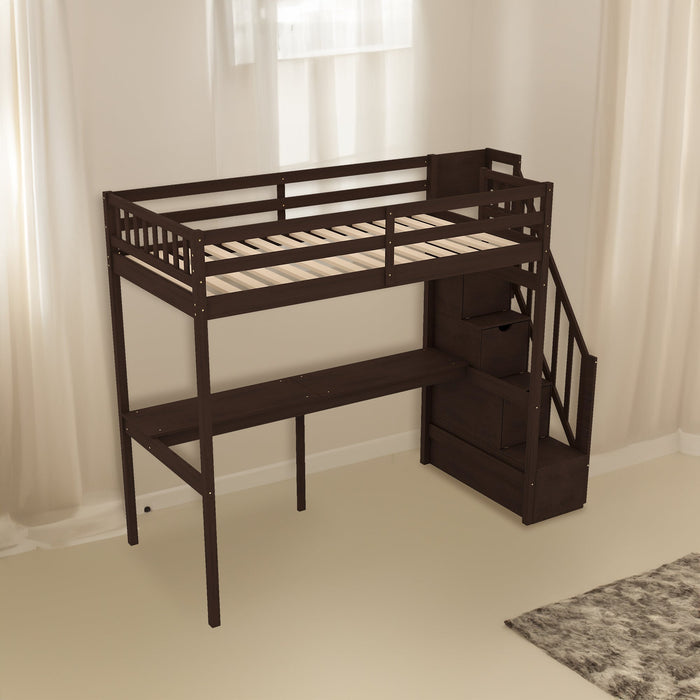 Twin Size Loft Bed with Storage Staircase and Built - in Desk - Gear Elevation