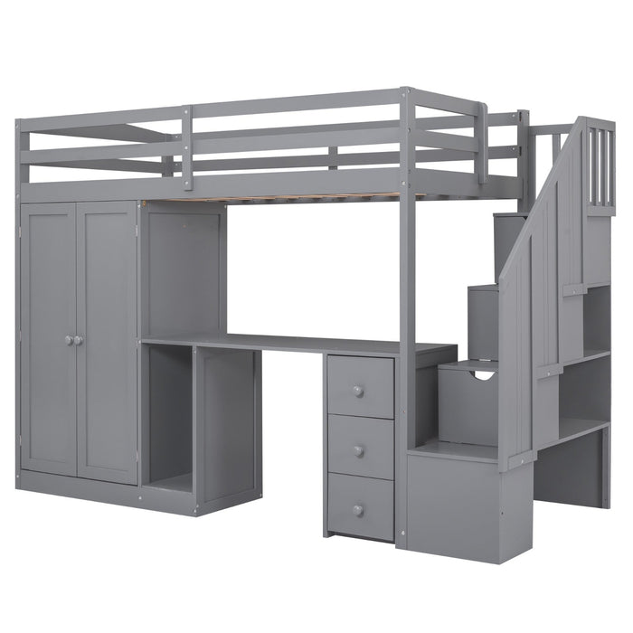 Twin Size Loft Bed with Wardrobe and Staircase Desk and Storage Drawers and Cabinet in 1 - Gear Elevation