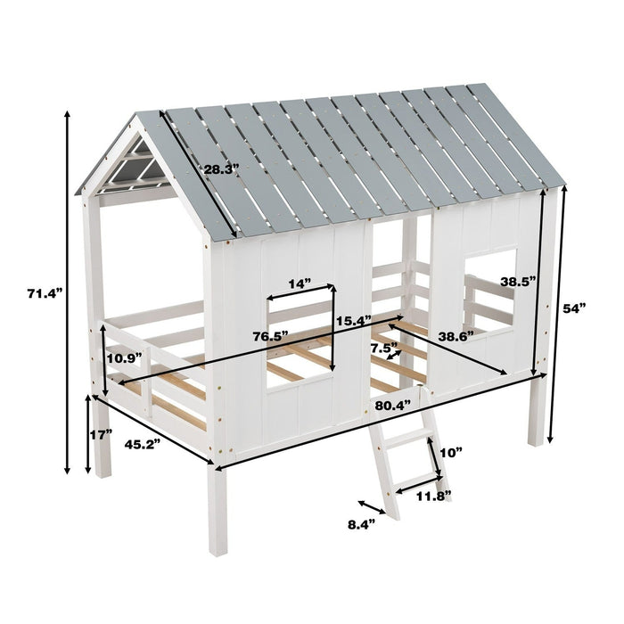 Twin Size Low Loft House Bed with Roof and Two Front Windows - Gear Elevation