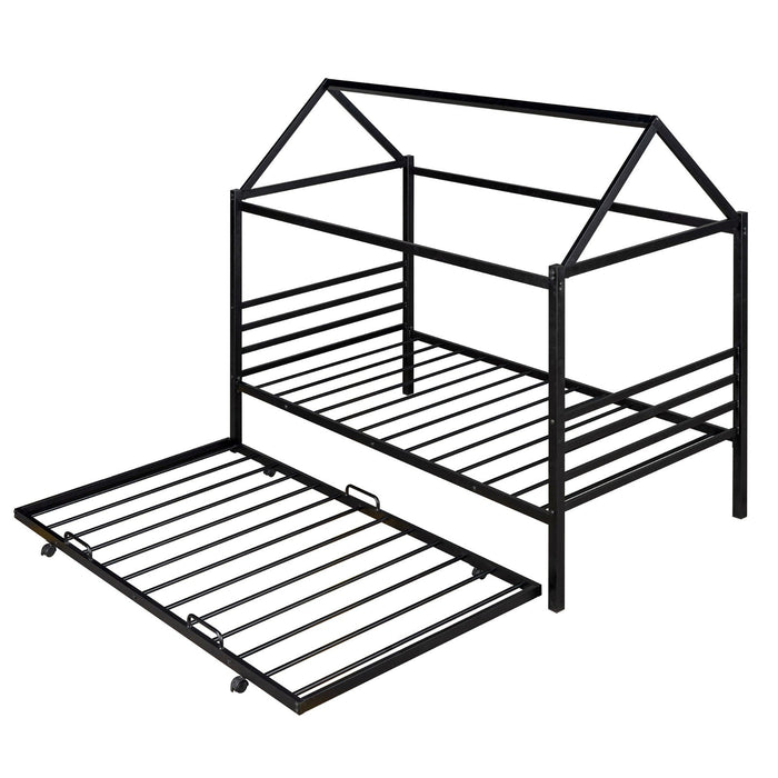 Twin Size Metal House Shape Platform Bed with Trundle - Gear Elevation