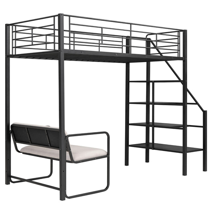 Twin Size Metal Loft Bed with Bench and Storage Staircase - Gear Elevation