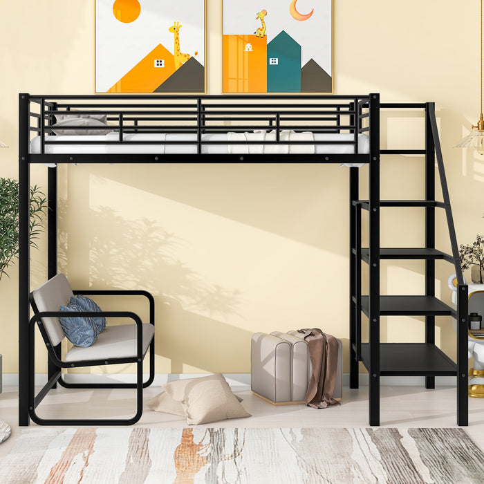 Twin Size Metal Loft Bed with Bench and Storage Staircase - Gear Elevation