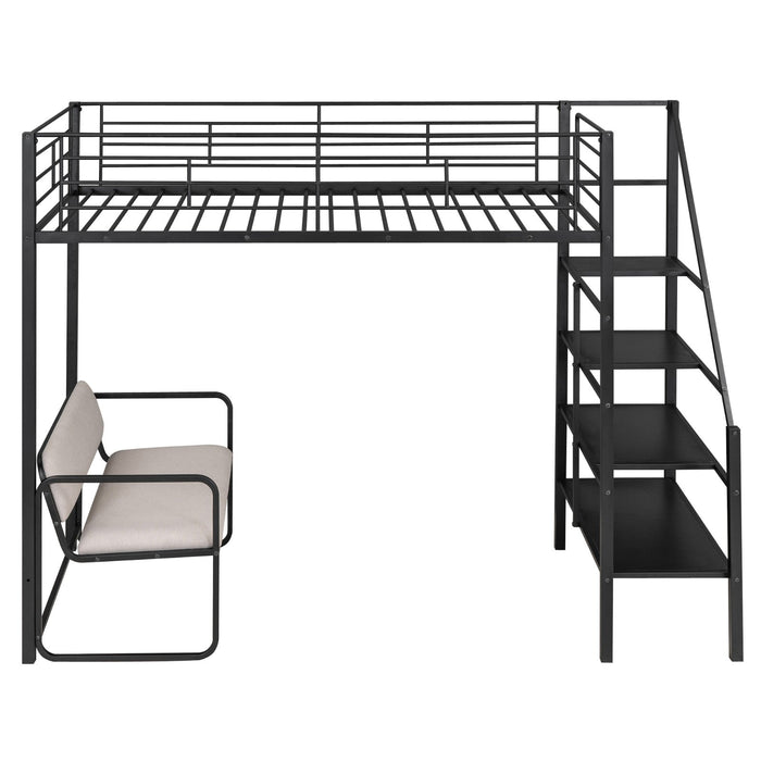 Twin Size Metal Loft Bed with Bench and Storage Staircase - Gear Elevation