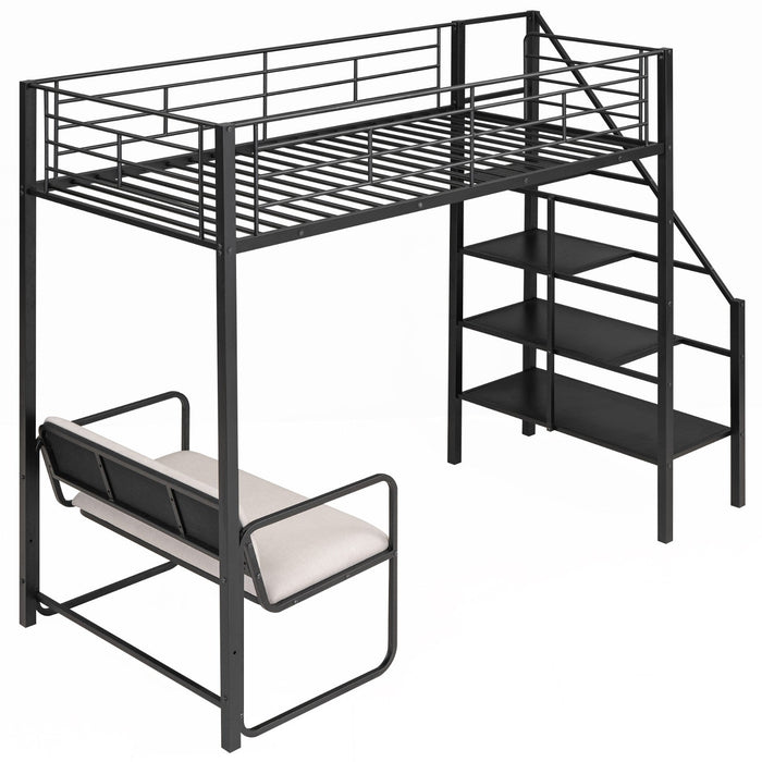 Twin Size Metal Loft Bed with Bench and Storage Staircase - Gear Elevation