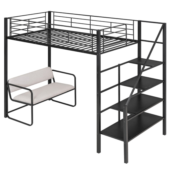 Twin Size Metal Loft Bed with Bench and Storage Staircase - Gear Elevation