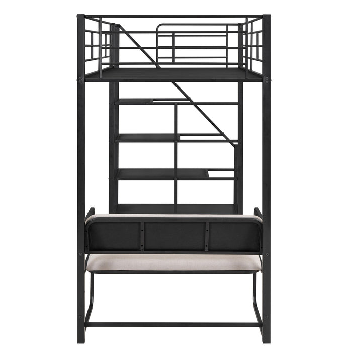 Twin Size Metal Loft Bed with Bench and Storage Staircase - Gear Elevation