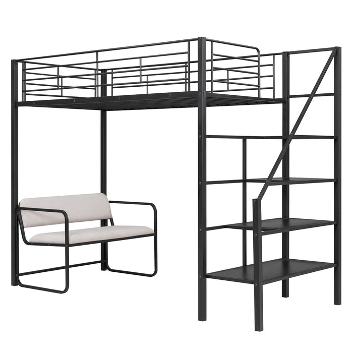 Twin Size Metal Loft Bed with Bench and Storage Staircase - Gear Elevation