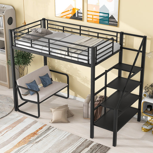 Twin Size Metal Loft Bed with Bench and Storage Staircase - Gear Elevation