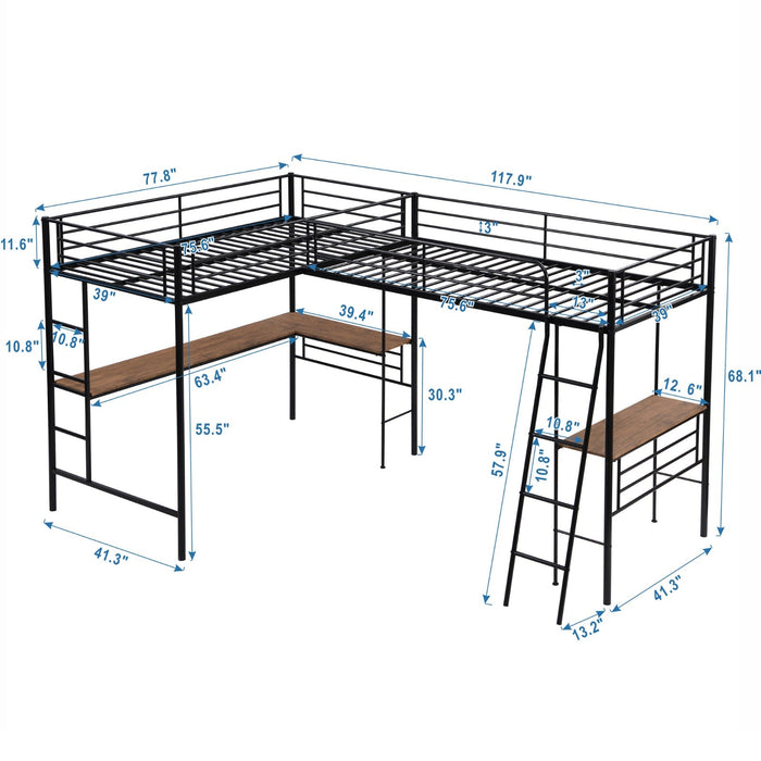 Twin - Size Metal Loft Bed with Two Built - in Desks - Gear Elevation