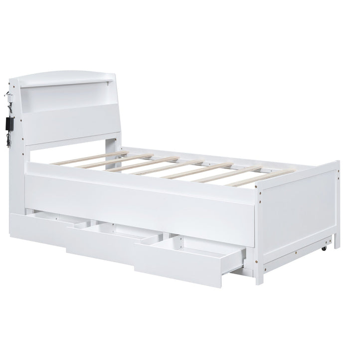 Twin Size Platform Bed with Storage, LED Headboard, Twin Size Trundle, and 3 Drawers - Gear Elevation