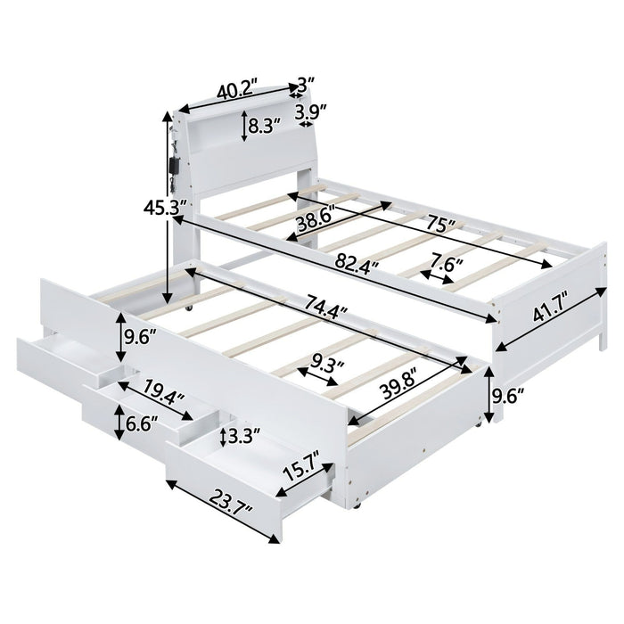 Twin Size Platform Bed with Storage, LED Headboard, Twin Size Trundle, and 3 Drawers - Gear Elevation