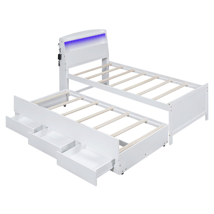 Twin Size Platform Bed with Storage, LED Headboard, Twin Size Trundle, and 3 Drawers - Gear Elevation