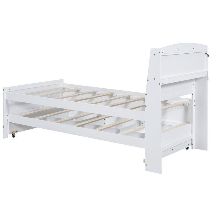 Twin Size Platform Bed with Storage, LED Headboard, Twin Size Trundle, and 3 Drawers - Gear Elevation