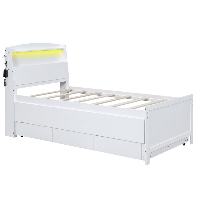 Twin Size Platform Bed with Storage, LED Headboard, Twin Size Trundle, and 3 Drawers - Gear Elevation