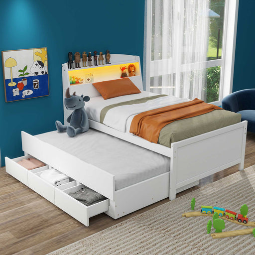 Twin Size Platform Bed with Storage, LED Headboard, Twin Size Trundle, and 3 Drawers - Gear Elevation
