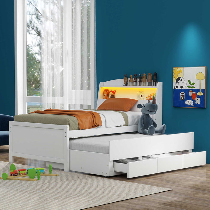 Twin Size Platform Bed with Storage, LED Headboard, Twin Size Trundle, and 3 Drawers - Gear Elevation