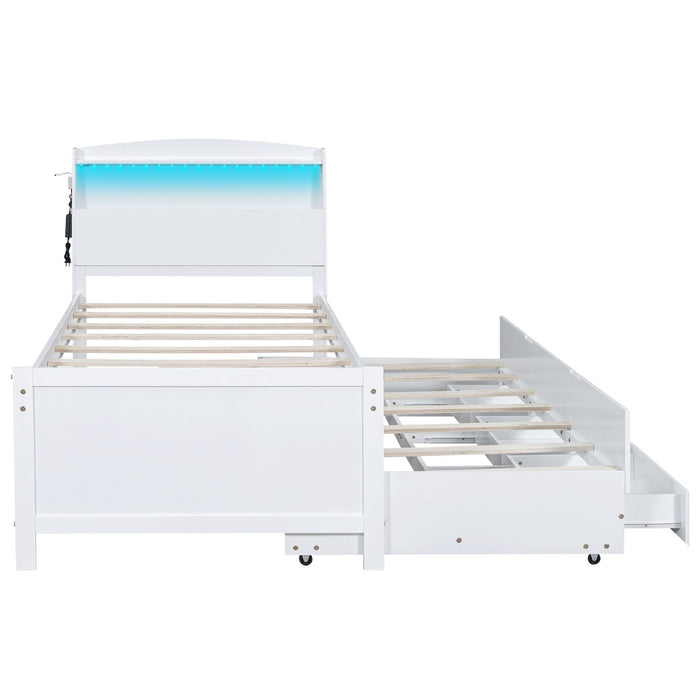 Twin Size Platform Bed with Storage, LED Headboard, Twin Size Trundle, and 3 Drawers - Gear Elevation