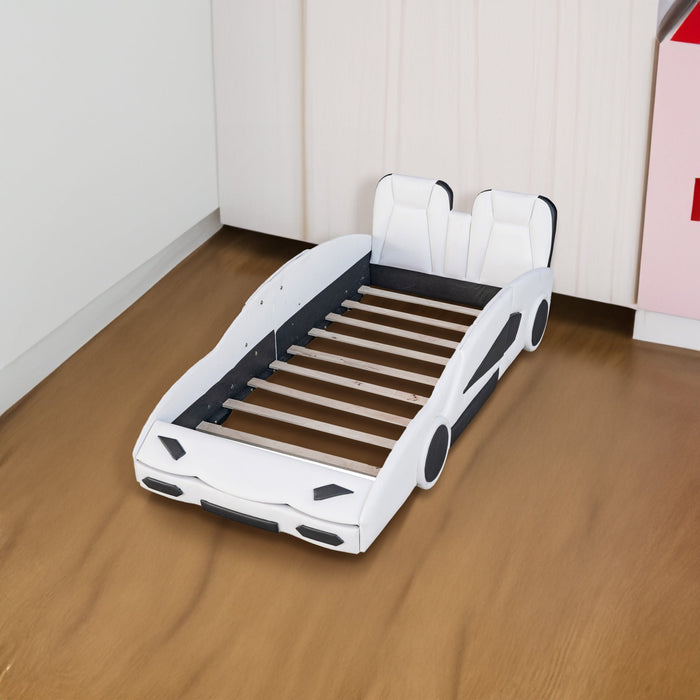 Twin Size Race Car - Shaped Platform Bed with Wheels - Gear Elevation