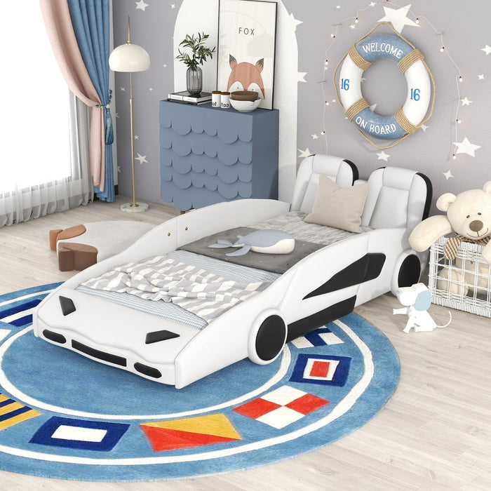 Twin Size Race Car - Shaped Platform Bed with Wheels - Gear Elevation