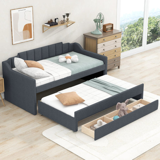 Twin Size Upholstered Daybed with Trundle and Three Drawers - Gear Elevation