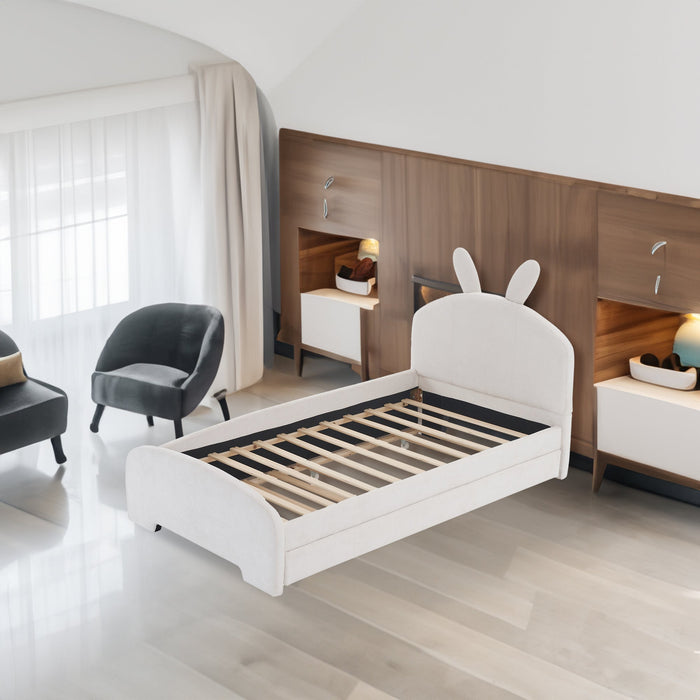 Twin Size Upholstered Platform Bed with Cartoon Ears Shaped Headboard and Trundle - Gear Elevation