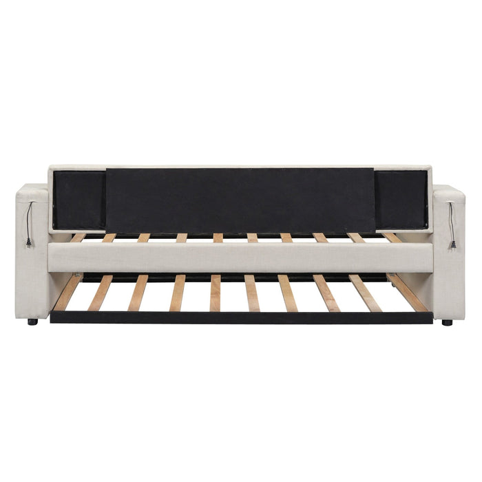 Twin Size Upholstery Daybed with Storage, Arms, Trundle, and USB Design - Gear Elevation