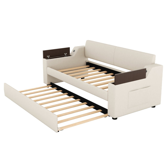 Twin Size Upholstery Daybed with Storage, Arms, Trundle, and USB Design - Gear Elevation