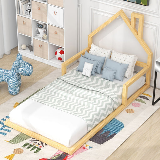 Twin Size Wood Floor Bed with House - shaped Headboard Natural - Gear Elevation