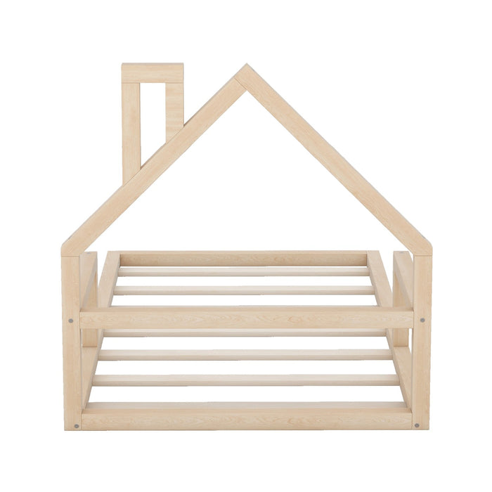 Twin Size Wood Floor Bed with House - shaped Headboard Natural - Gear Elevation