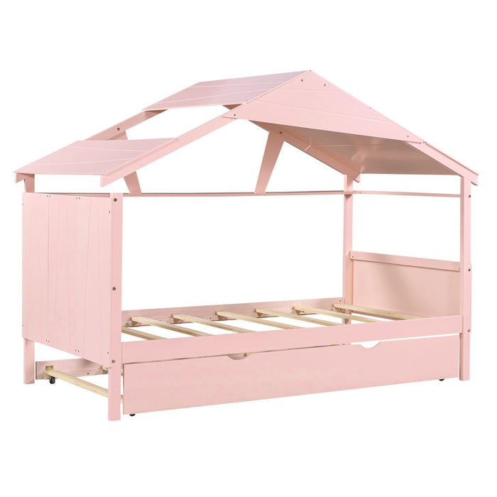 Twin Size Wood House Bed with Trundle and Storage - Gear Elevation