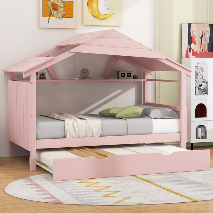 Twin Size Wood House Bed with Trundle and Storage - Gear Elevation