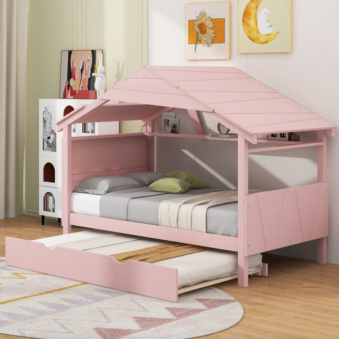 Twin Size Wood House Bed with Trundle and Storage - Gear Elevation