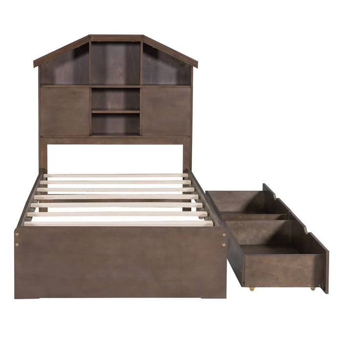 Twin - Size Wood Platform Bed with House - Shaped Storage Headboard and 2 Drawers - Gear Elevation