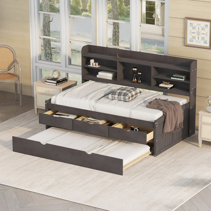 Twin Size Wooden Captain Bed with Built - in Bookshelves, Three Storage Drawers, and Trundle - Gear Elevation