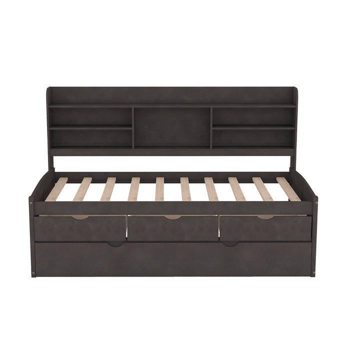 Twin Size Wooden Captain Bed with Built - in Bookshelves, Three Storage Drawers, and Trundle - Gear Elevation