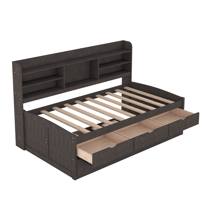 Twin Size Wooden Captain Bed with Built - in Bookshelves, Three Storage Drawers, and Trundle - Gear Elevation