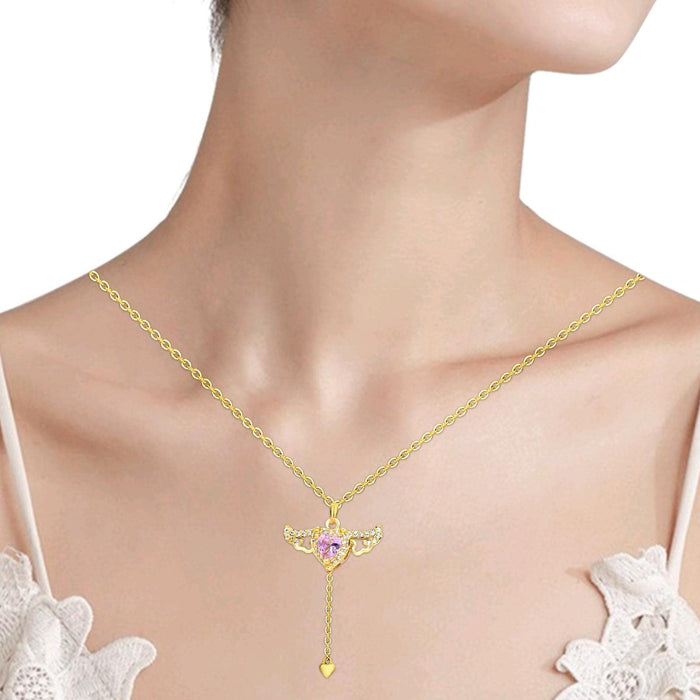 Wing Pendant Necklace with Pink Heart - Shaped Zircon – Elegant Clavicle Chain for Perfect Date Night Style - Gear Elevation