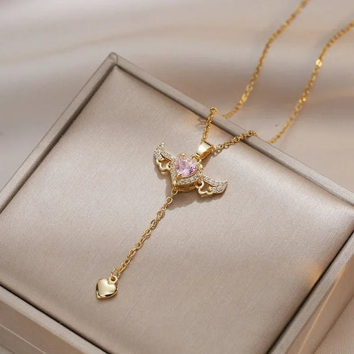 Wing Pendant Necklace with Pink Heart - Shaped Zircon – Elegant Clavicle Chain for Perfect Date Night Style - Gear Elevation