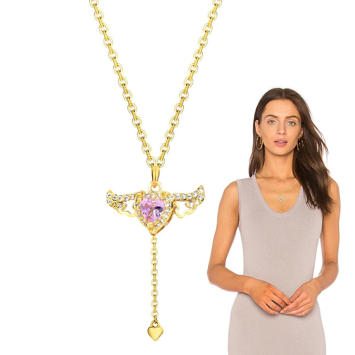 Wing Pendant Necklace with Pink Heart - Shaped Zircon – Elegant Clavicle Chain for Perfect Date Night Style - Gear Elevation