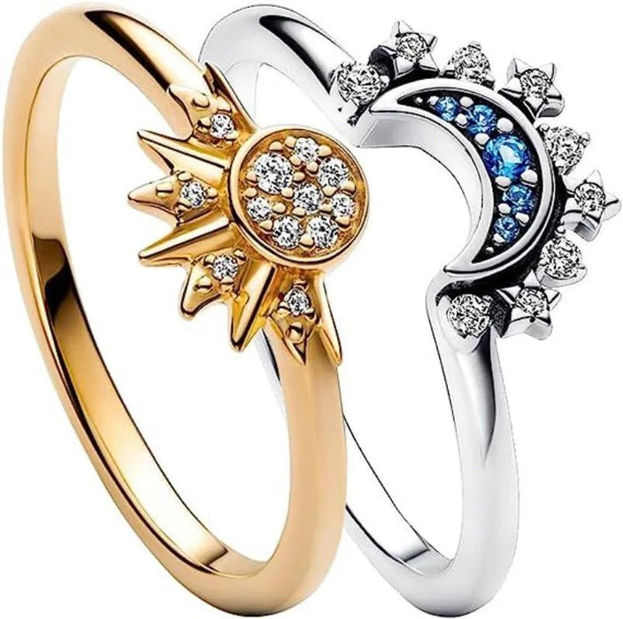 Women Sun and Moon Ring Set – Sparkling Sky Blue Moon & Sun Design, Stackable Engagement Rings for Women - Gear Elevation