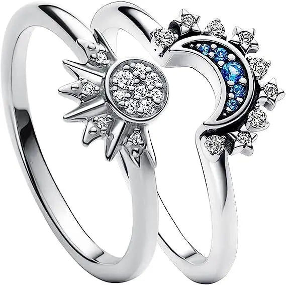 Women Sun and Moon Ring Set – Sparkling Sky Blue Moon & Sun Design, Stackable Engagement Rings for Women - Gear Elevation