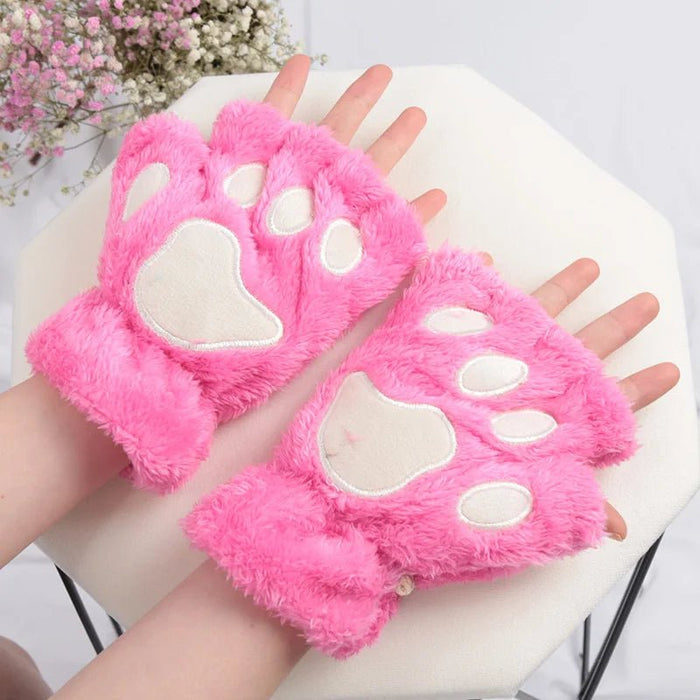 Women's Adorable Cat Paw Plush Mittens – Cozy, Soft, Fingerless Fluffy Gloves - Gear Elevation