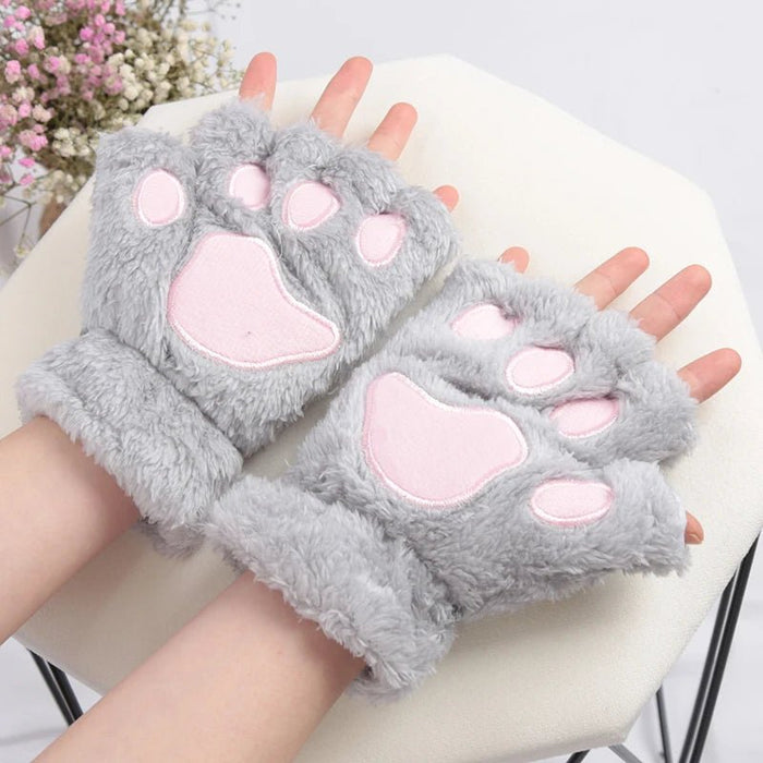 Women's Adorable Cat Paw Plush Mittens – Cozy, Soft, Fingerless Fluffy Gloves - Gear Elevation